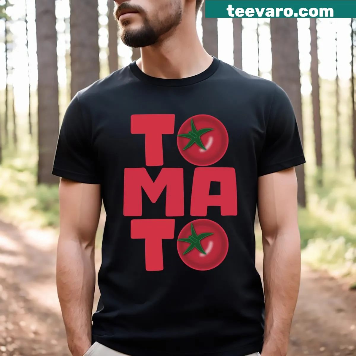 Illustrative Tomato Time T-shirt with playful tomato designs — on a men's t-shirt
