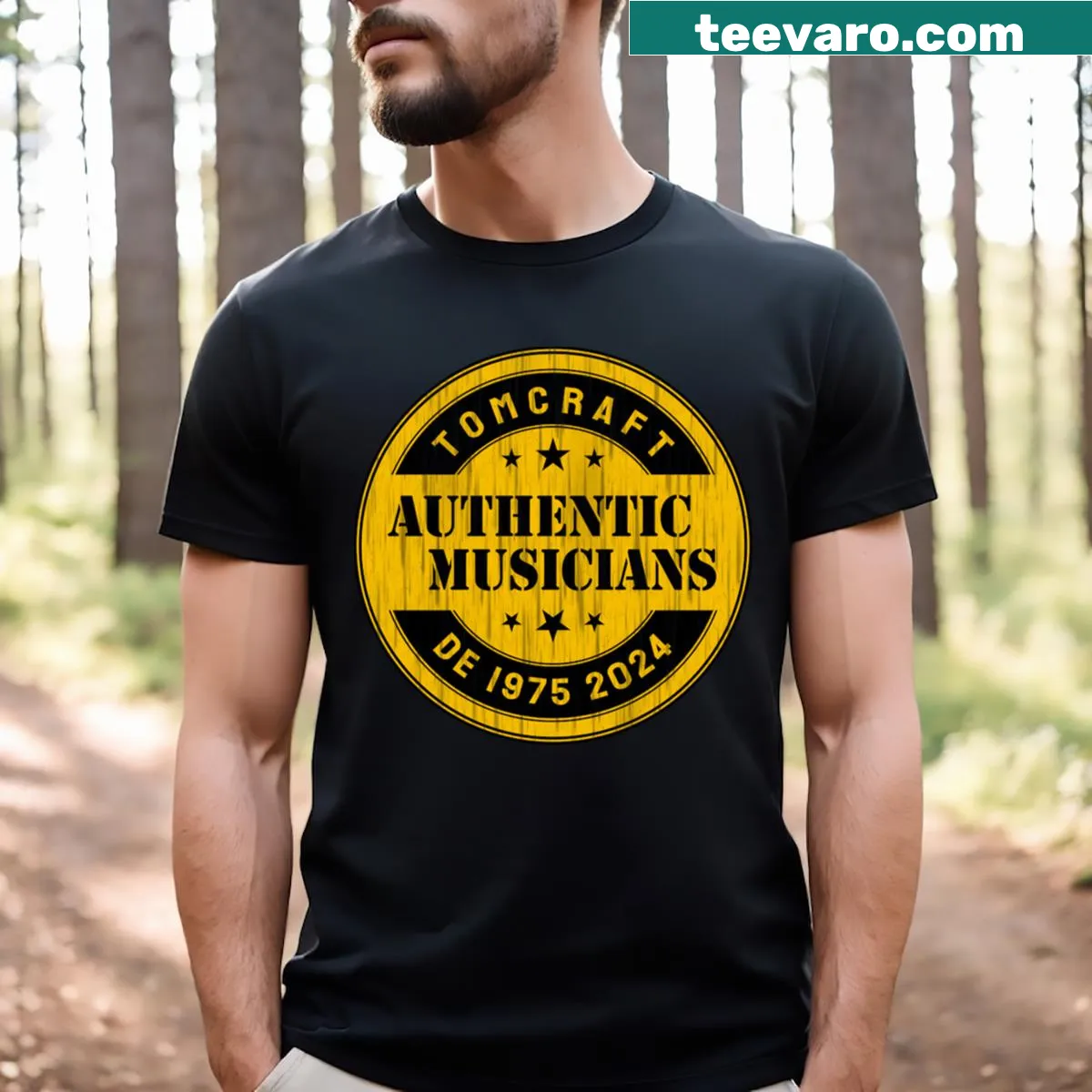 Minimalist Tomcraft Music D123 tee with artistic typography — on a men's t-shirt