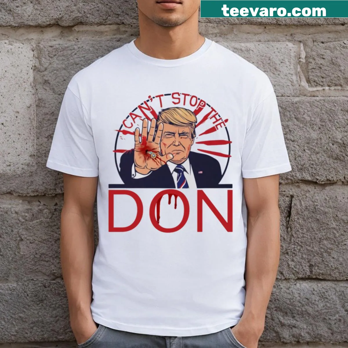 Patriotic Trump 2024 campaign T-shirt with bold text — on a men's t-shirt