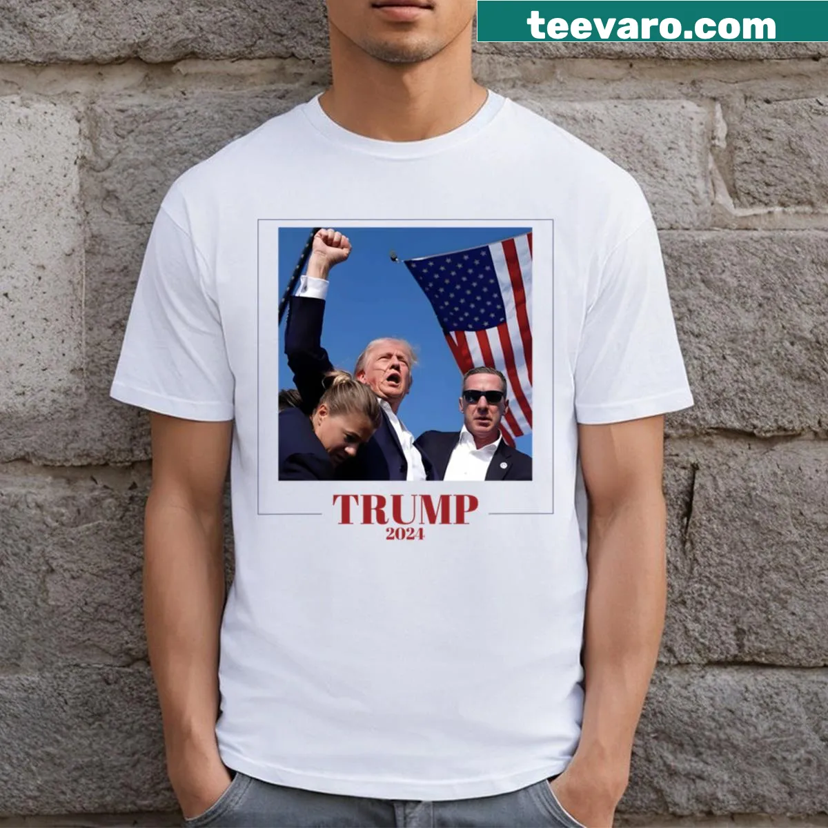 Bold graphic Trump 2024 t-shirt with stylized lettering — on a men's t-shirt