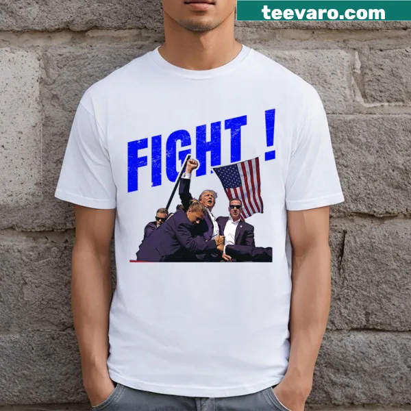 Bold Trump Fight Blue shirt with assertive message against political opposition.