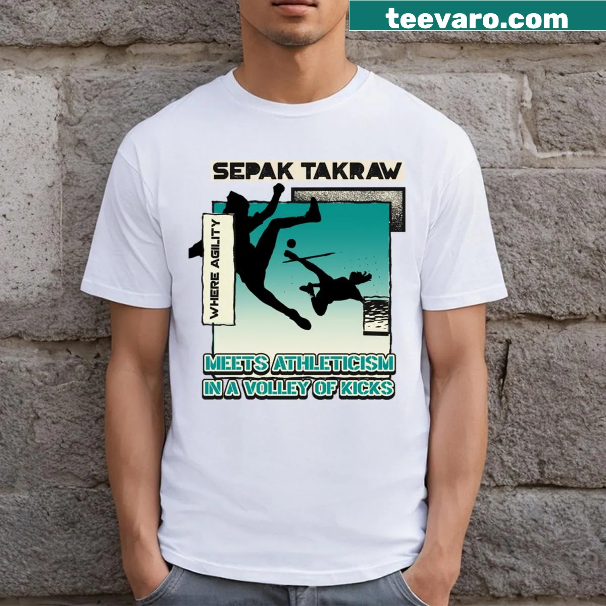 Sepak takraw players in action illustrated on t-shirt — on a men's t-shirt