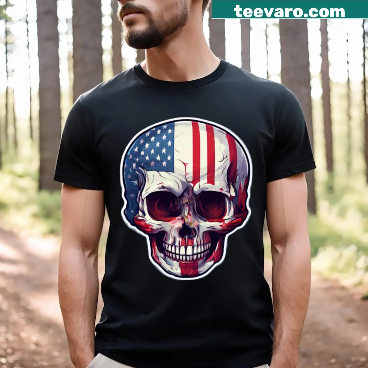 Artistic skull graphic integrated with the USA flag — on a men's t-shirt