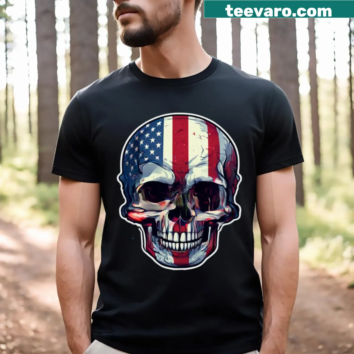 Patriotic skull flag design T-shirt featuring the American flag — on a men's t-shirt