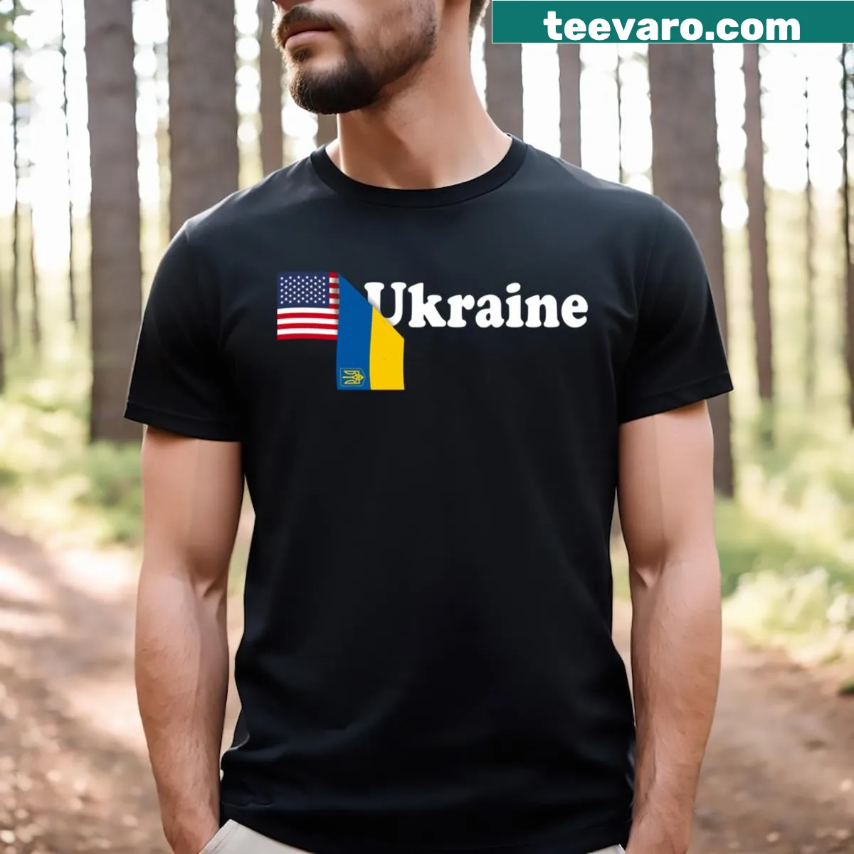 Vintage distressed T-shirt featuring American and Ukrainian flags with Tryzub emblem — on a men's t-shirt