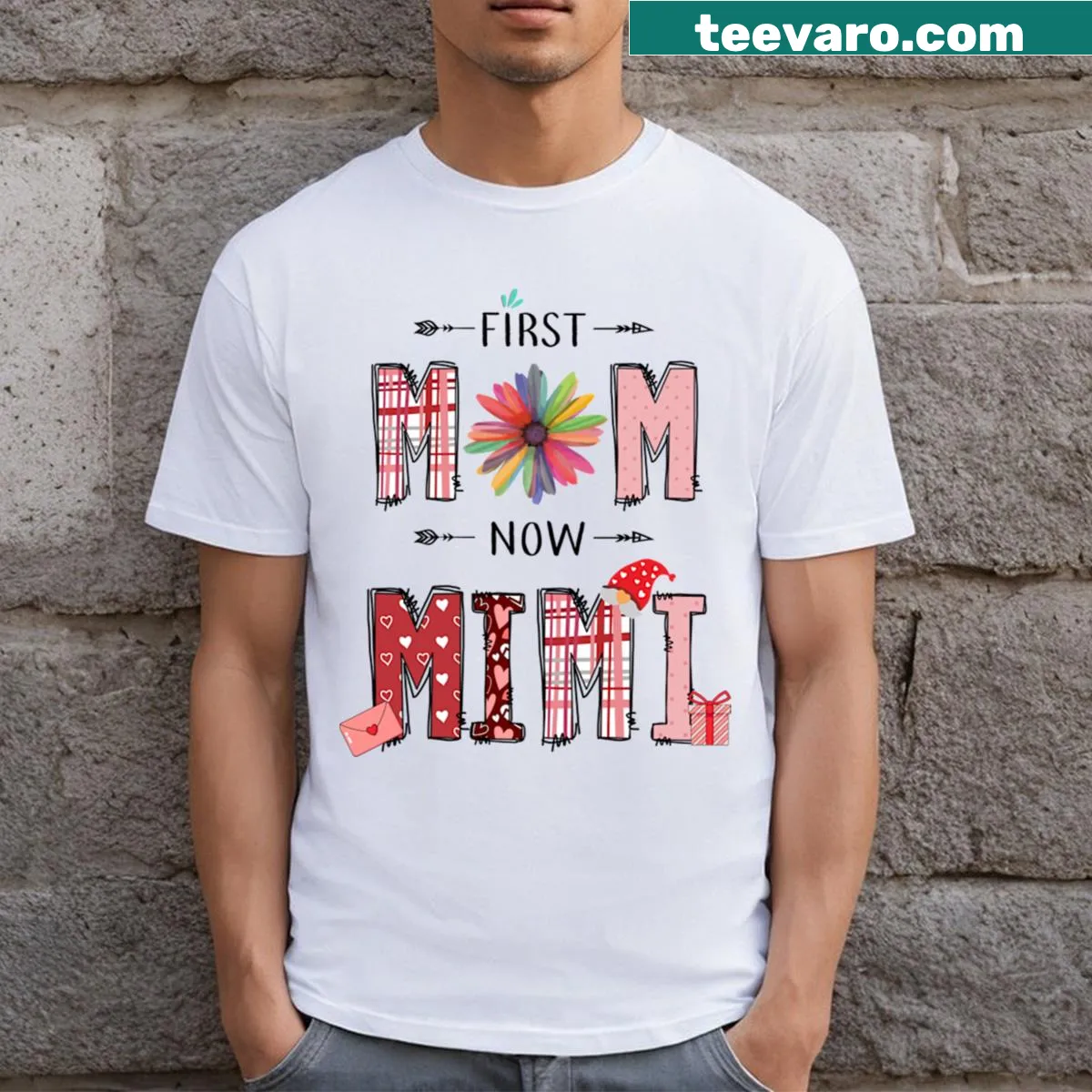 Vintage wildflower shirt that says 'First Mom Now Mimi' with floral design. — on a men's t-shirt