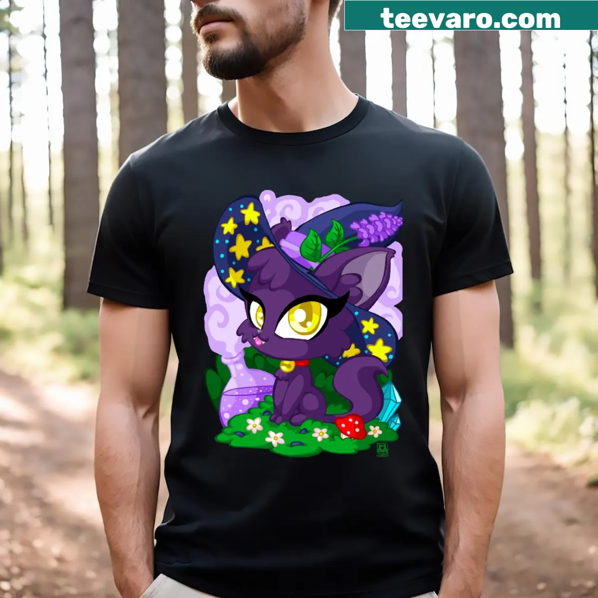 T-shirt featuring an adorable kitten as a witch's familiar — on a men's t-shirt