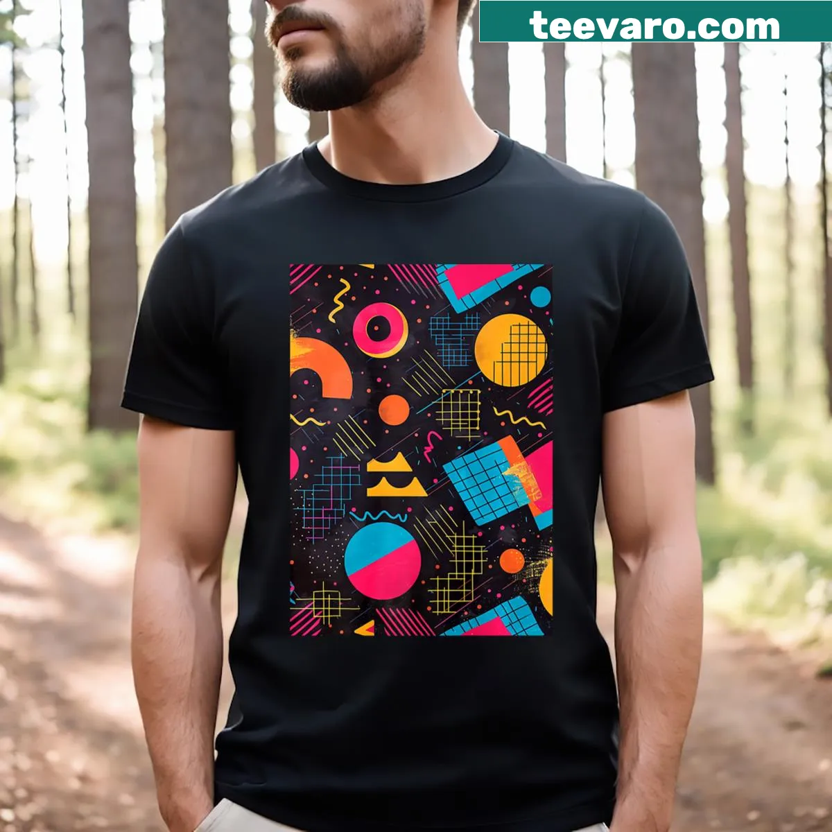 Retro pattern t-shirt inspired by 80s art and retrowave theme. — on a men's t-shirt