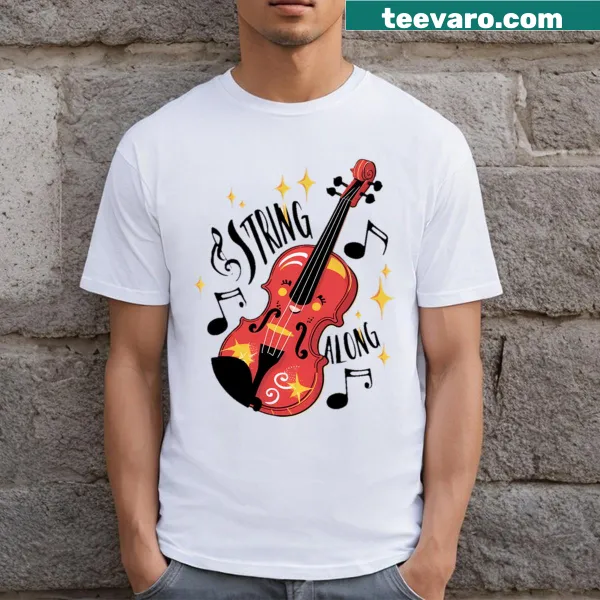 Whimsical violin graphic on cheerful T-shirt for music lovers