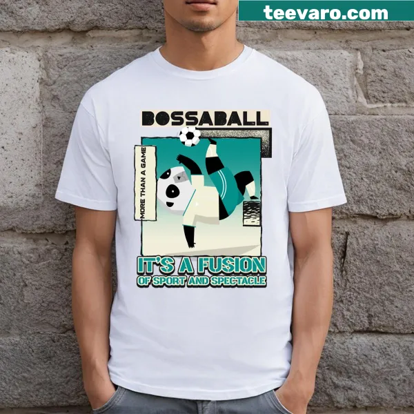 Cartoon panda engaging in Bossaball on a fun t-shirt