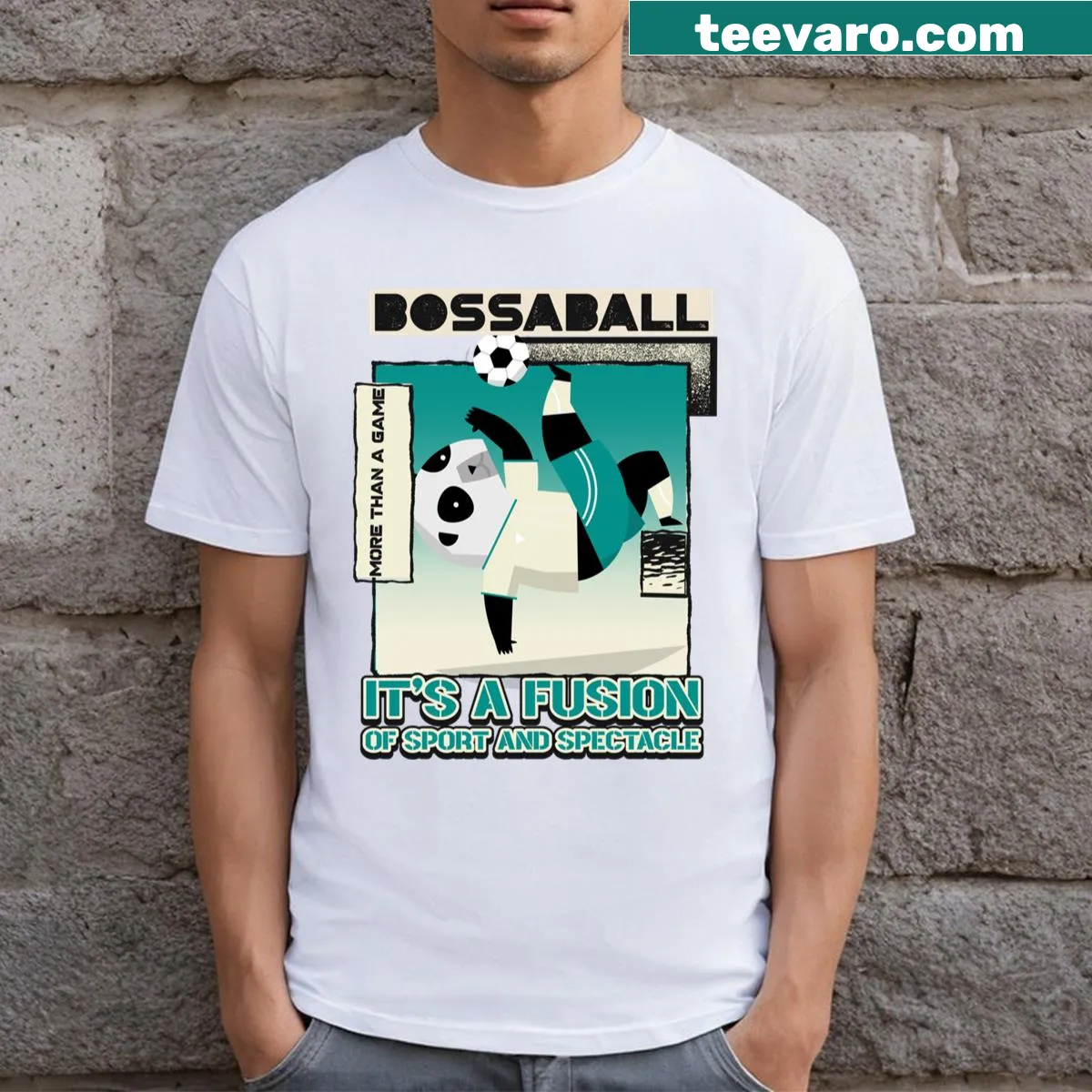 Cartoon panda engaging in Bossaball on a fun t-shirt — on a men's t-shirt