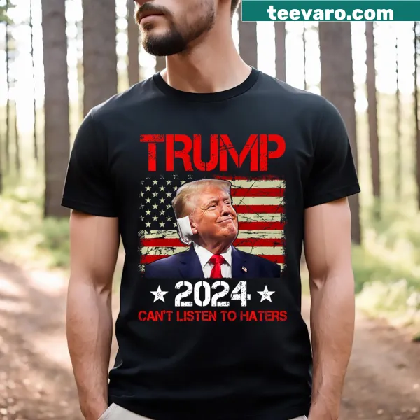 Vintage-style T-shirt with ear bandage graphic and Trump 2024 text