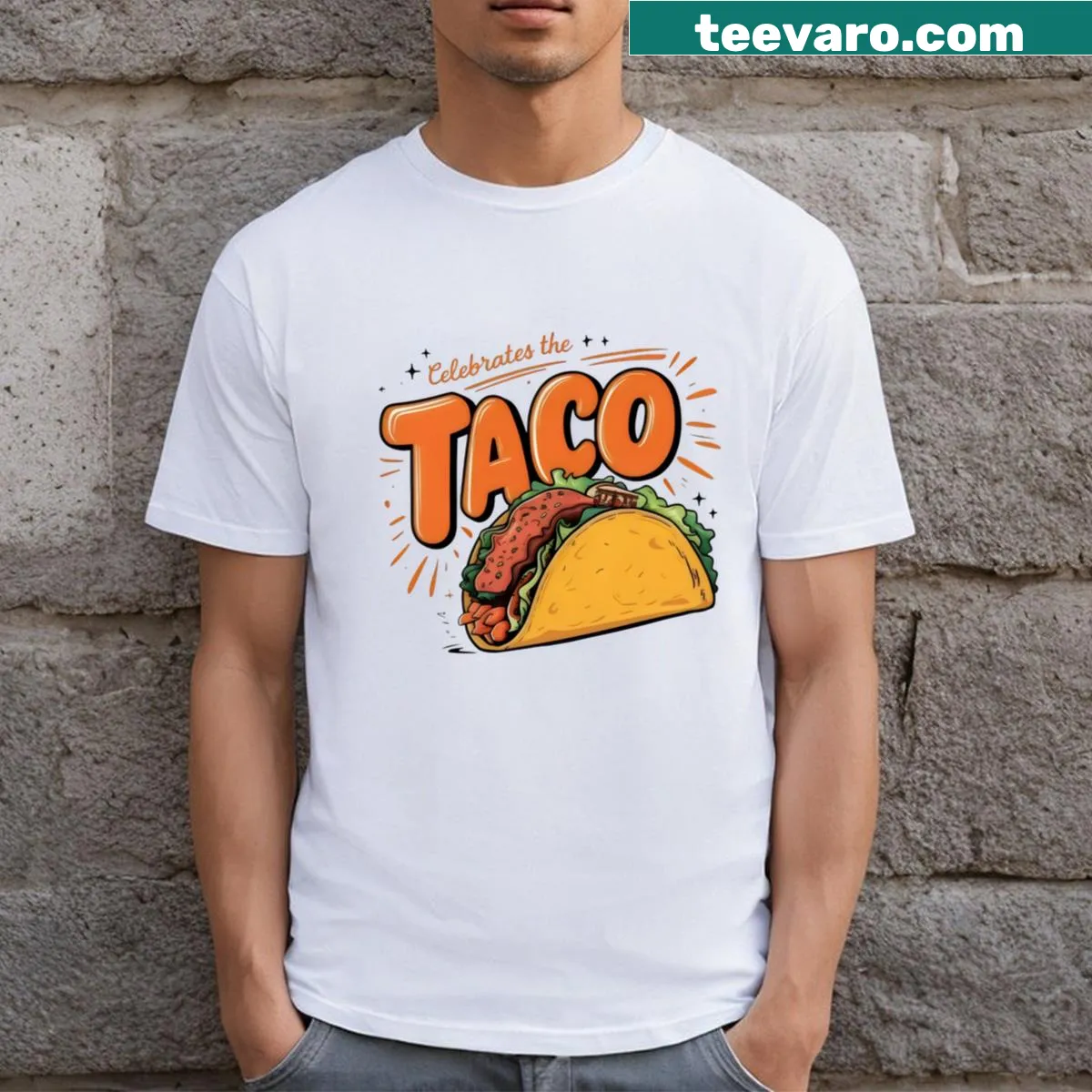 Typography T-shirt celebrating tacos with fun text design — on a men's t-shirt