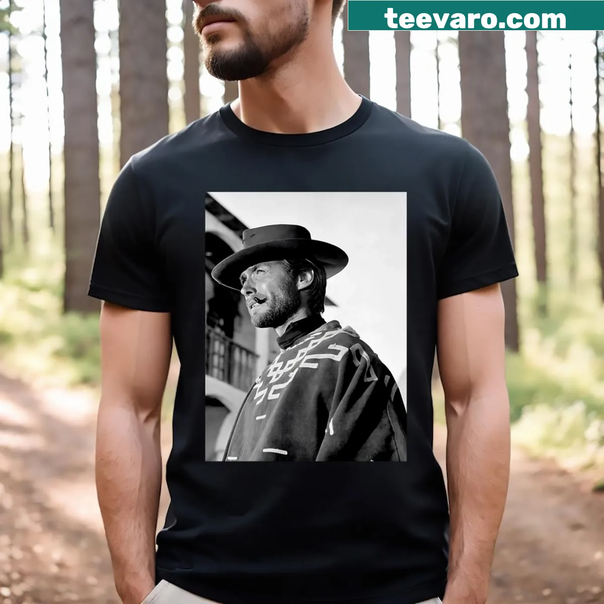 Realistic portrait of Clint Eastwood on a T-shirt — on a men's t-shirt