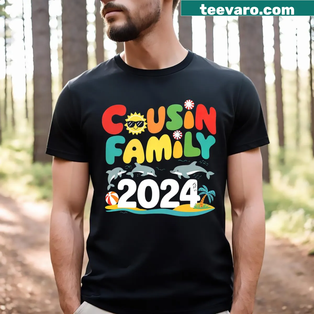 Typographic design celebrating family cousins on a summer beach T-shirt — on a men's t-shirt