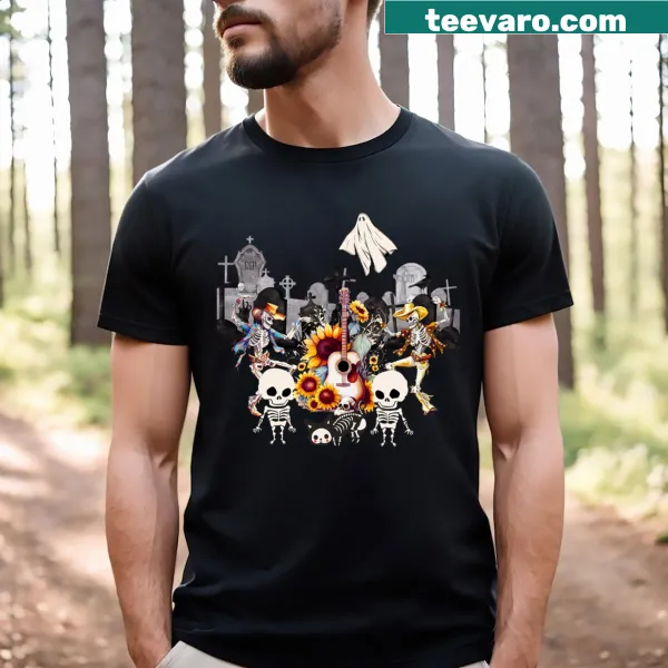 Kids Halloween t-shirt featuring dancing skeletons for a fun spooky vibe.