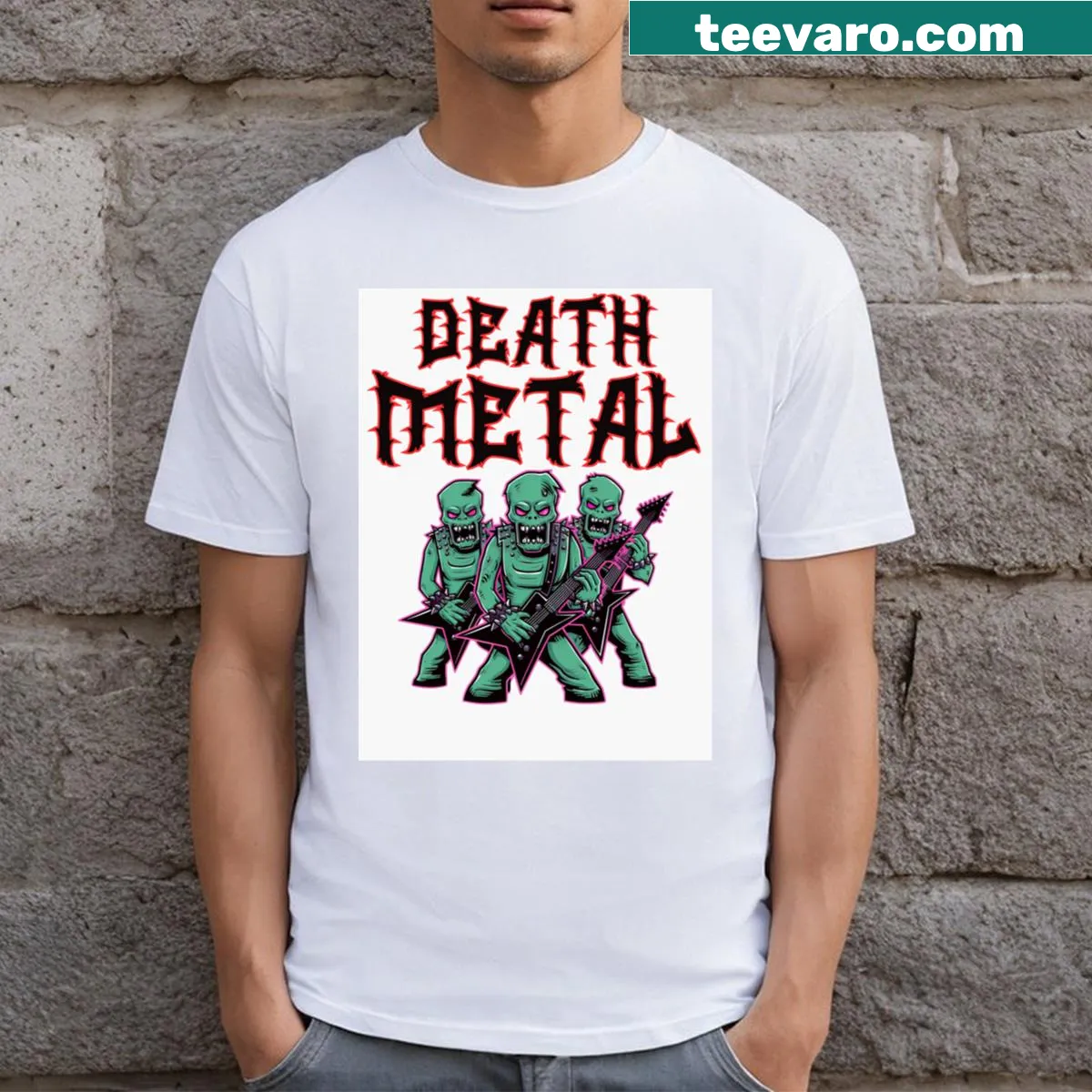 Edgy T-shirt featuring Death Metal Zombie band graphic. — on a men's t-shirt