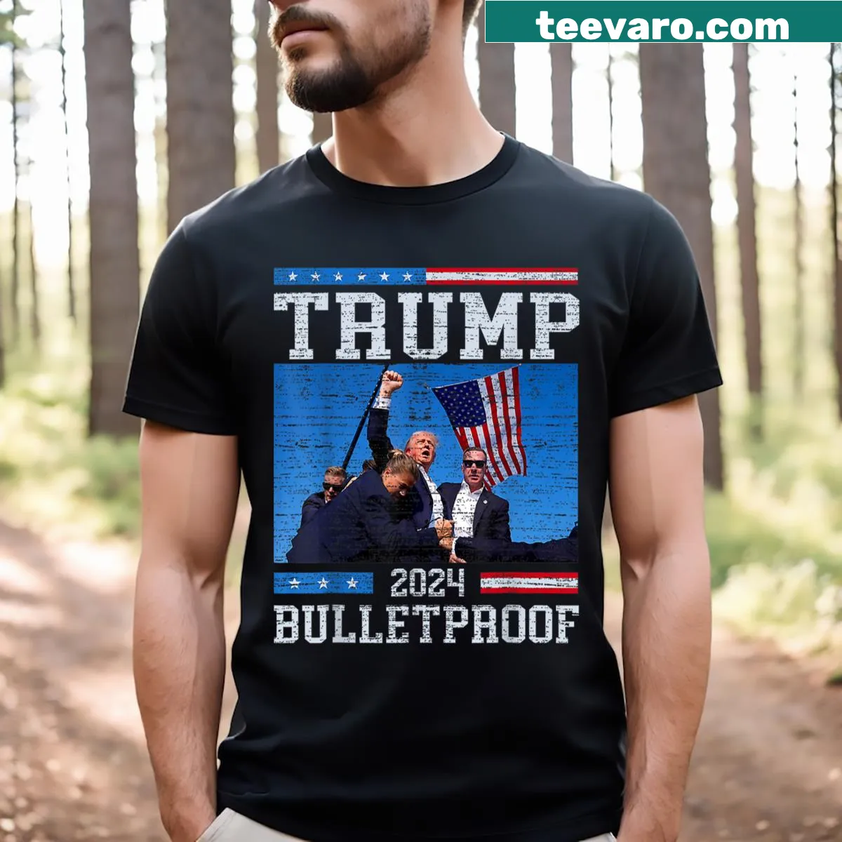 Humorous graphic T-shirt about the 2024 election rally — on a men's t-shirt