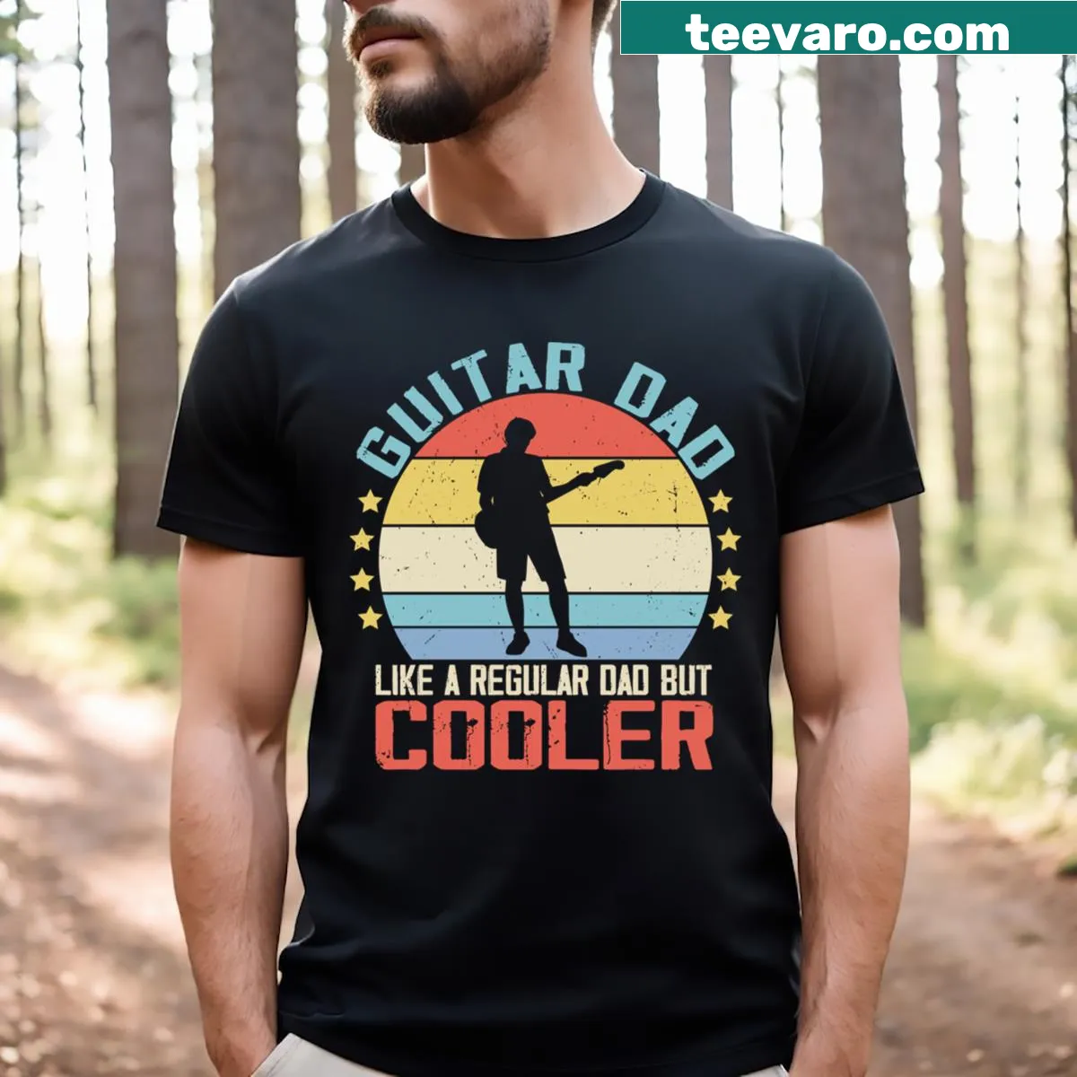Guitar Dad t-shirt with humorous phrase about being cooler than regular dads — on a men's t-shirt