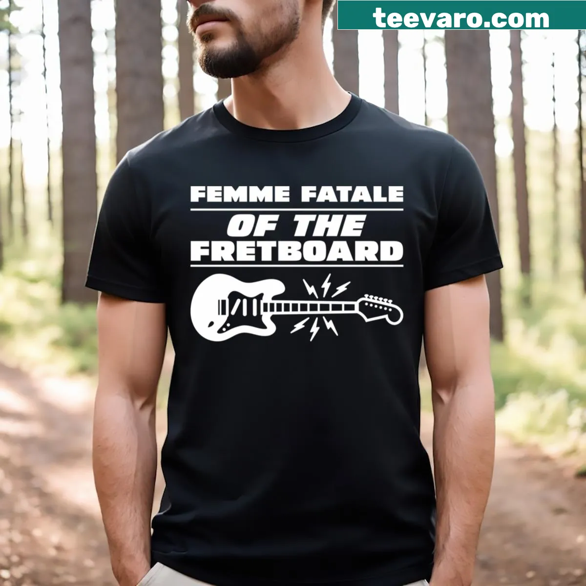 Femme Fatale Of The Fretboard graphic t-shirt — on a men's t-shirt