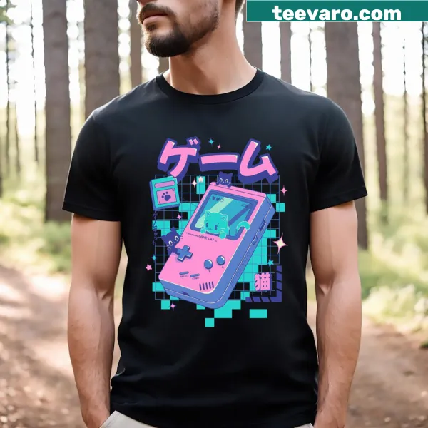 Cartoon cat gaming t-shirt featuring a black version of a cat