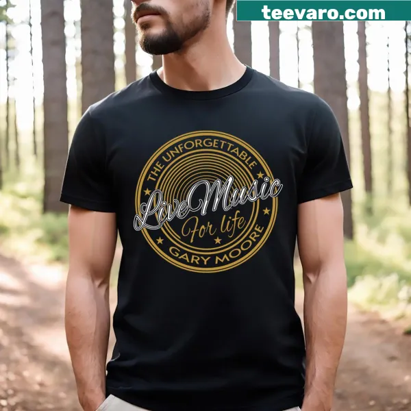 Commemorative t-shirt featuring artistic graphics honoring Gary Moore