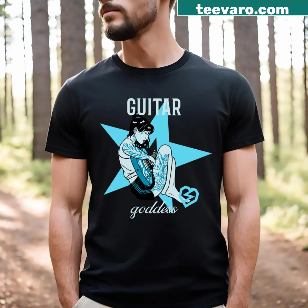 Illustrative t-shirt celebrating female guitar players — on a men's t-shirt