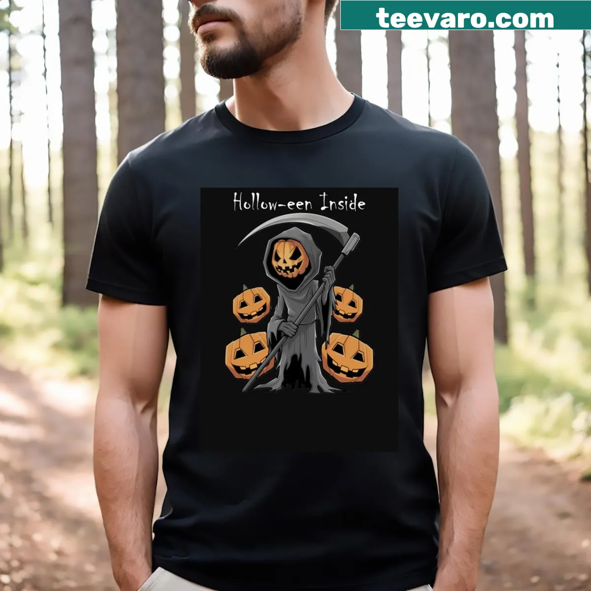 Halloween t-shirt featuring grim reaper and jack-o'-lantern graphics — on a men's t-shirt