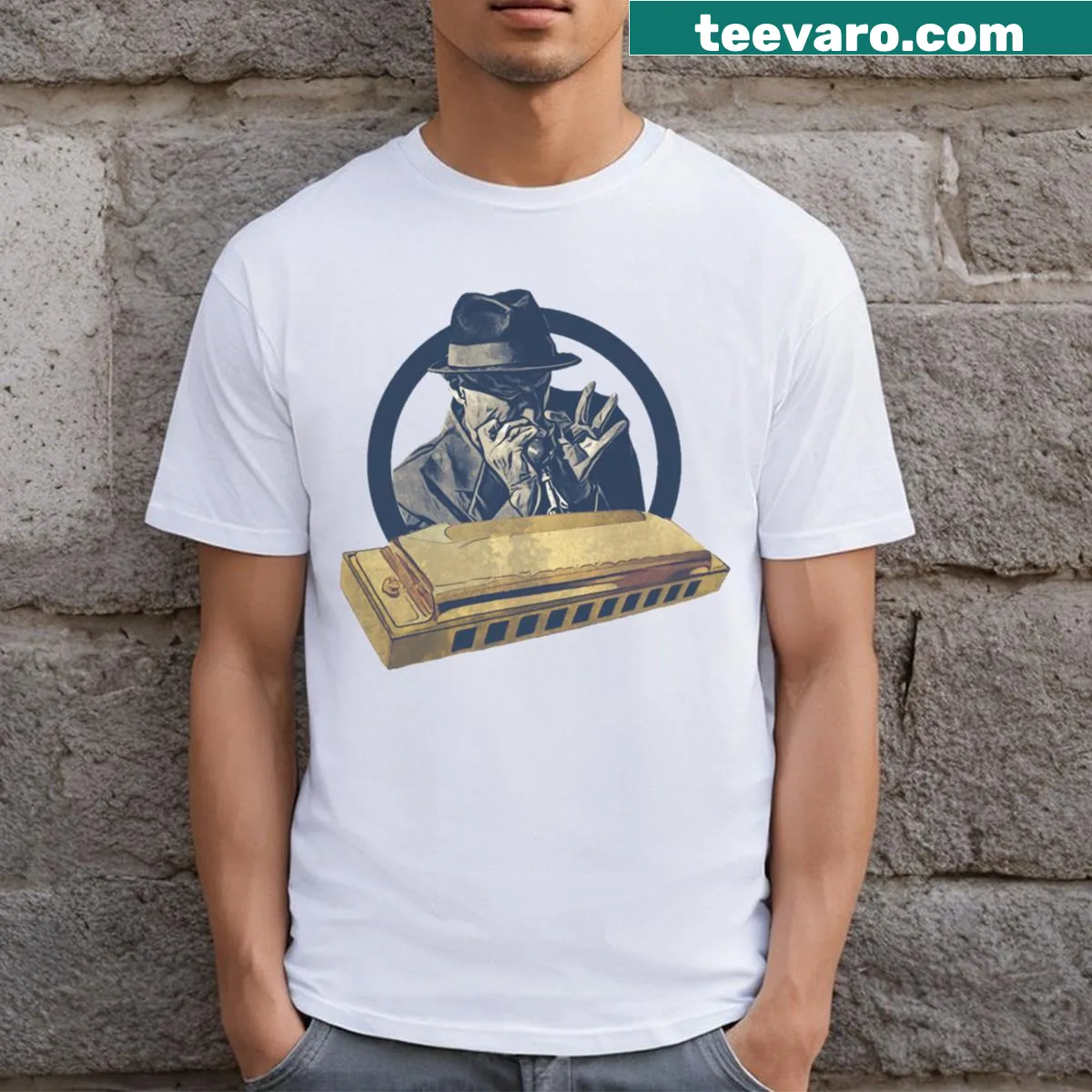 Badge-style T-shirt celebrating harp mastery with detailed design. — on a men's t-shirt