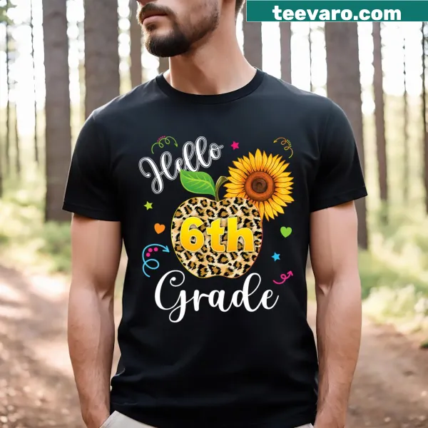 Cute t-shirt for students featuring sunflower and leopard graphics for 6th grade.