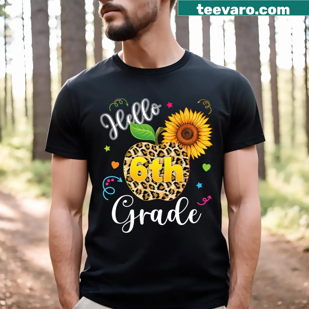 Cute t-shirt for students featuring sunflower and leopard graphics for 6th grade. — on a men's t-shirt