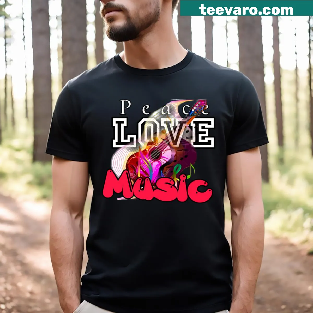 Musical t-shirt featuring guitar and peaceful message for music lovers — on a men's t-shirt