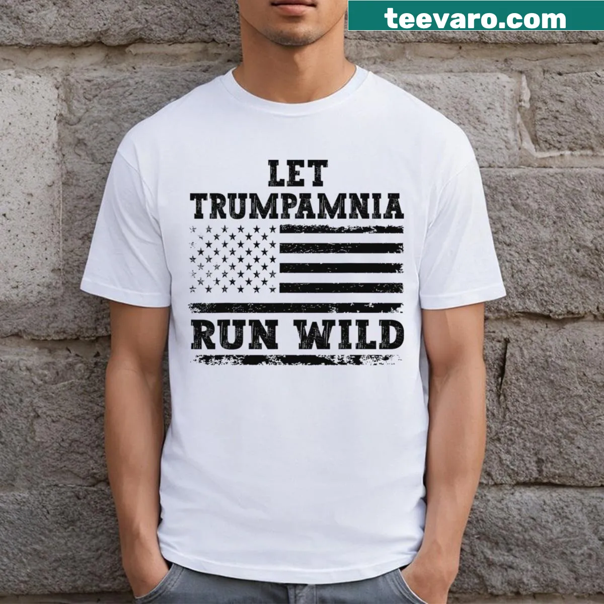 Let Trumpamania Run Wild T-shirt with playful graphic text — on a men's t-shirt