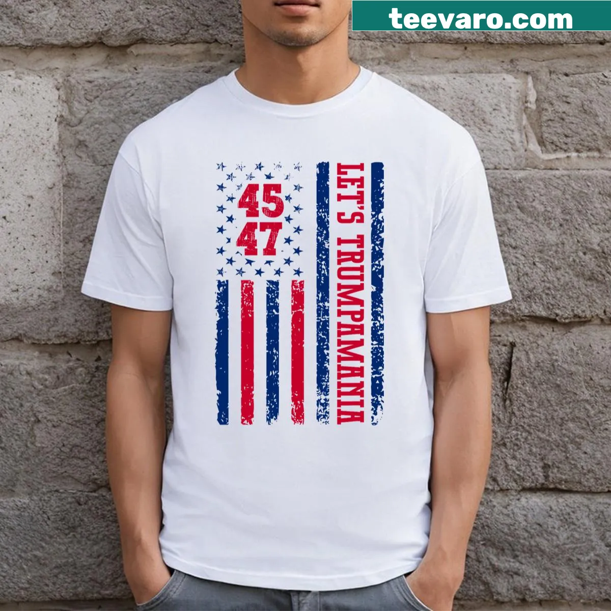 Lets Trumpamania 45 47 Trump 2024 T-shirt with bold graphic — on a men's t-shirt