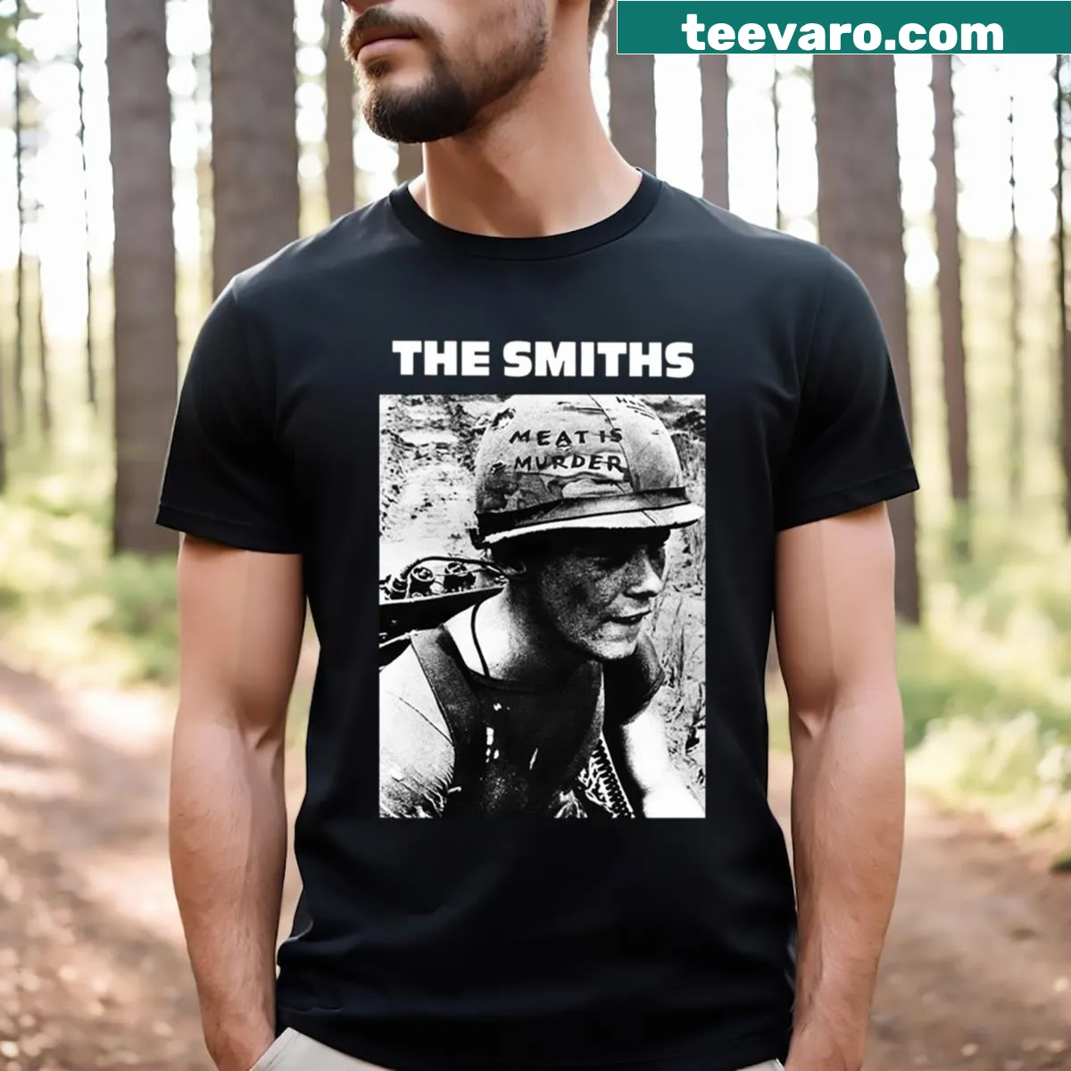 Bold typography T-shirt stating 'Meat Is Murder' — on a men's t-shirt