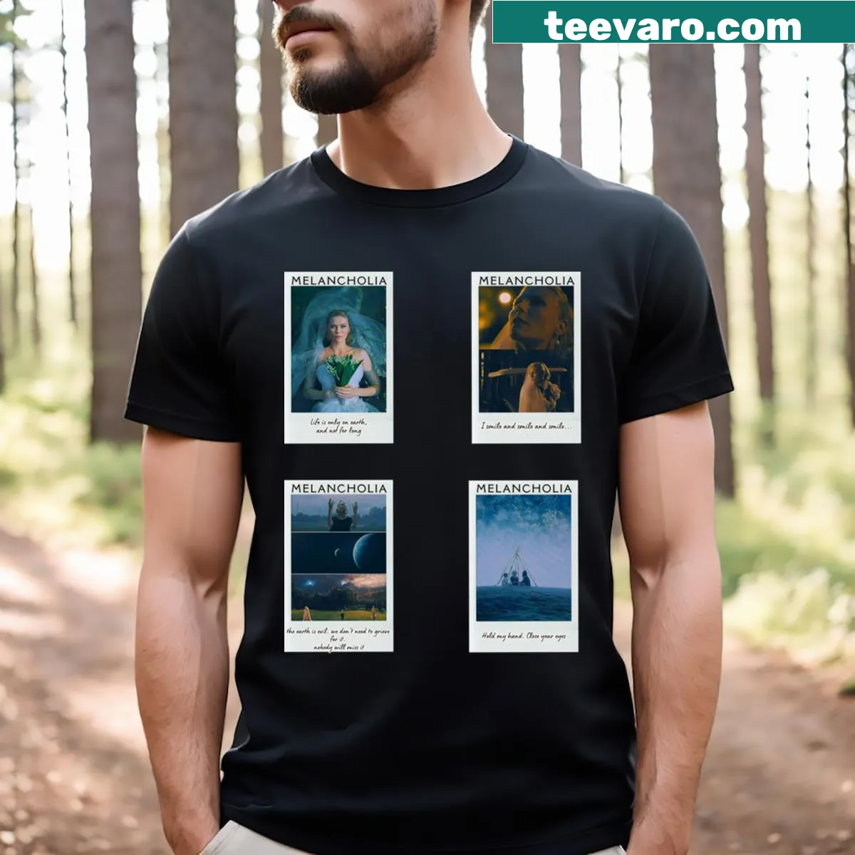 T-shirt featuring unique graphic inspired by the film Melancholia. — on a men's t-shirt