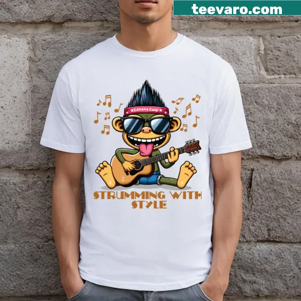 Playful monkey illustration strumming on a t-shirt