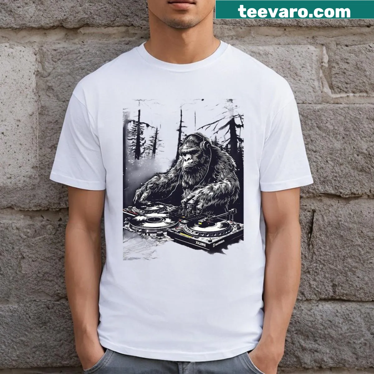 T-shirt depicting music notes and nature scenes — on a men's t-shirt