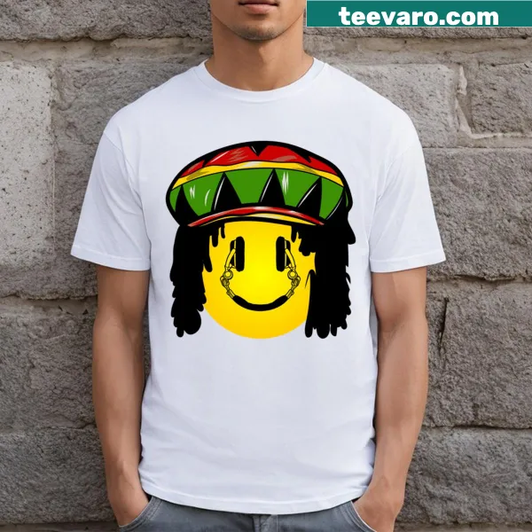 Rasta-themed t-shirt with a smiley face and headphones design