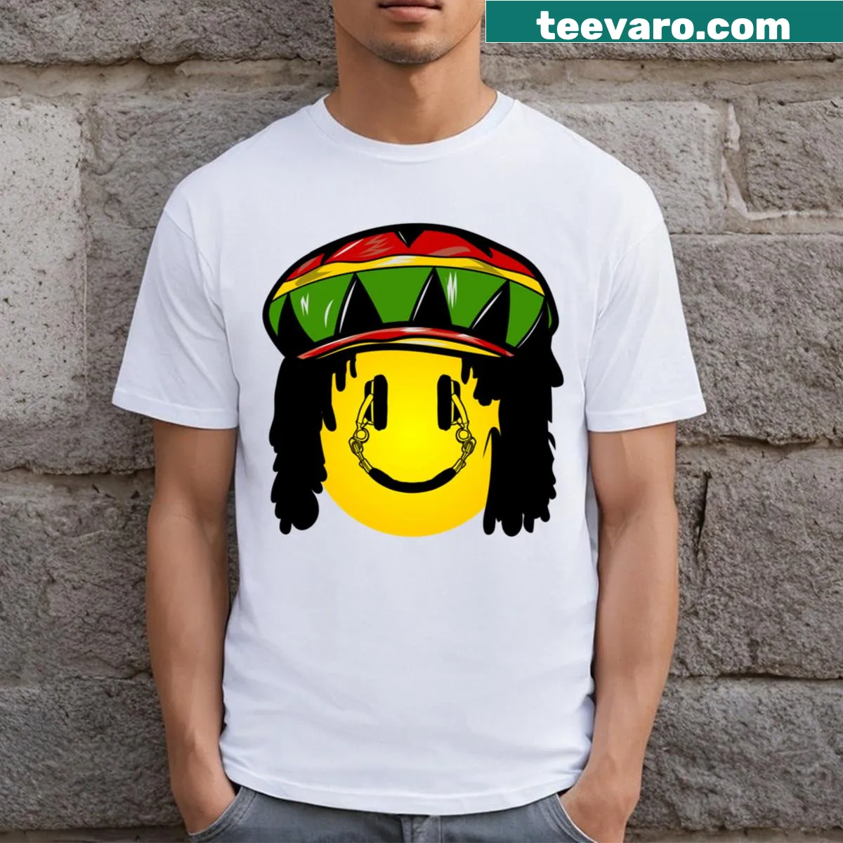 Rasta-themed t-shirt with a smiley face and headphones design — on a men's t-shirt