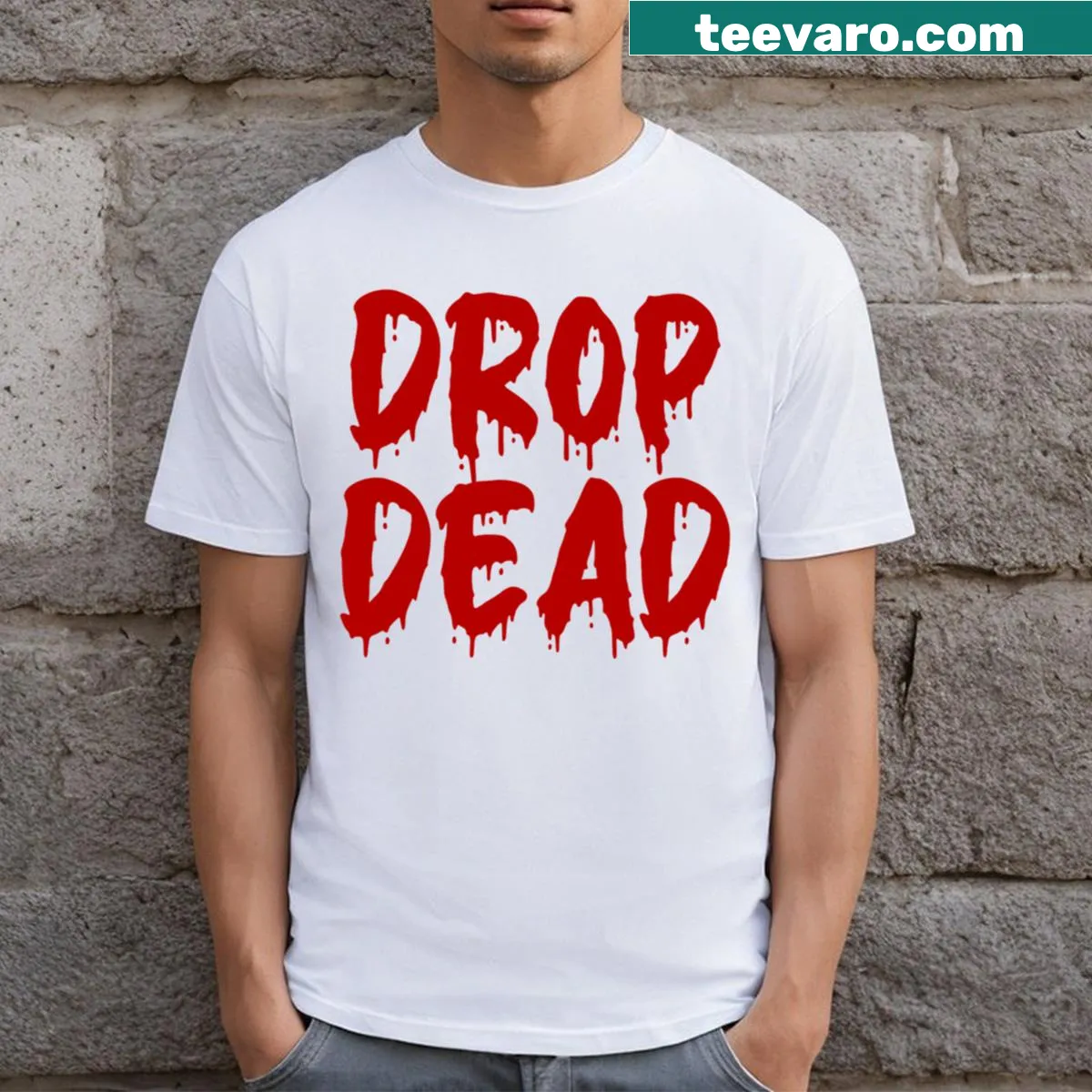 T-shirt with red blood drip design on a white background — on a men's t-shirt