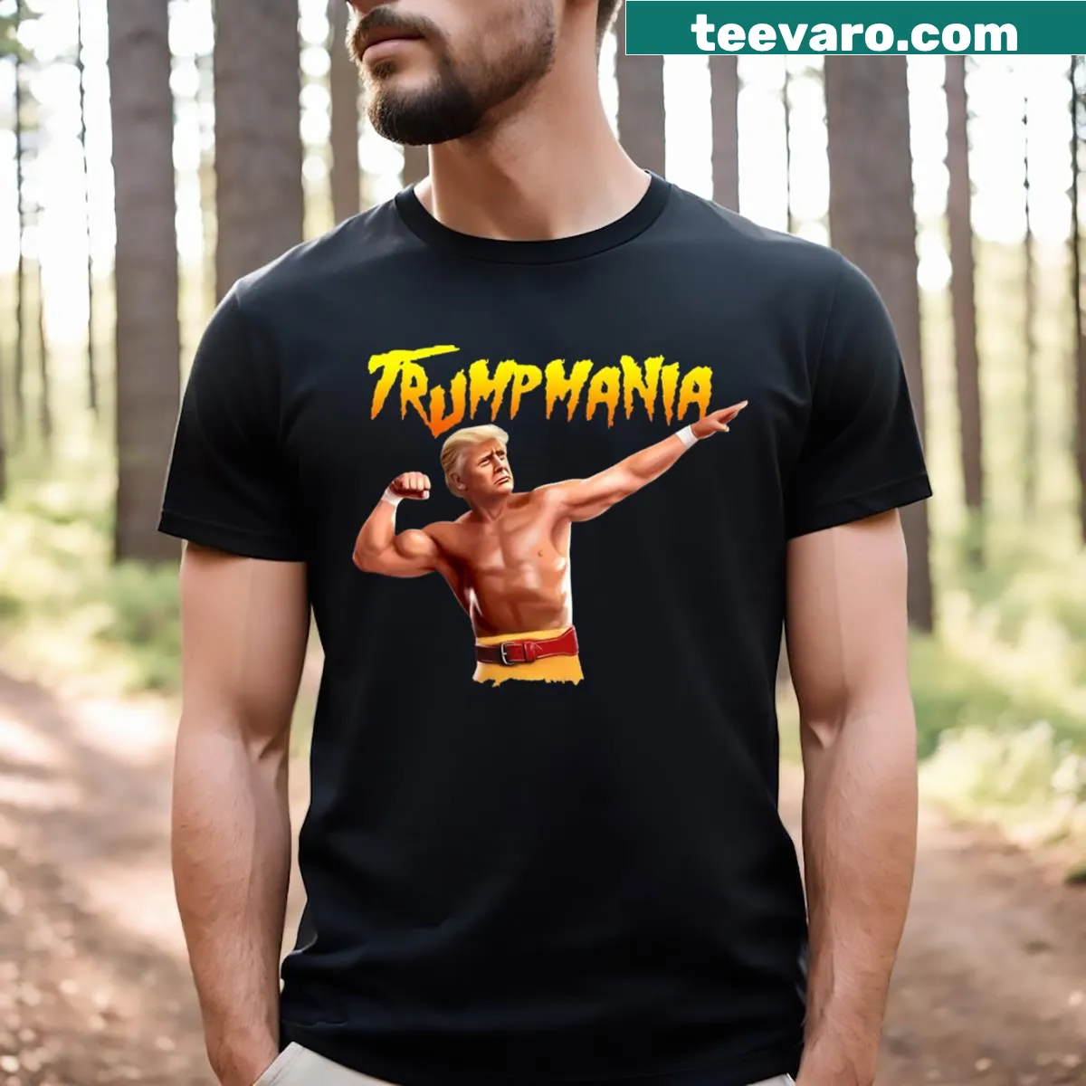 Patriotic graphic T-shirt with Trump-themed text — on a men's t-shirt