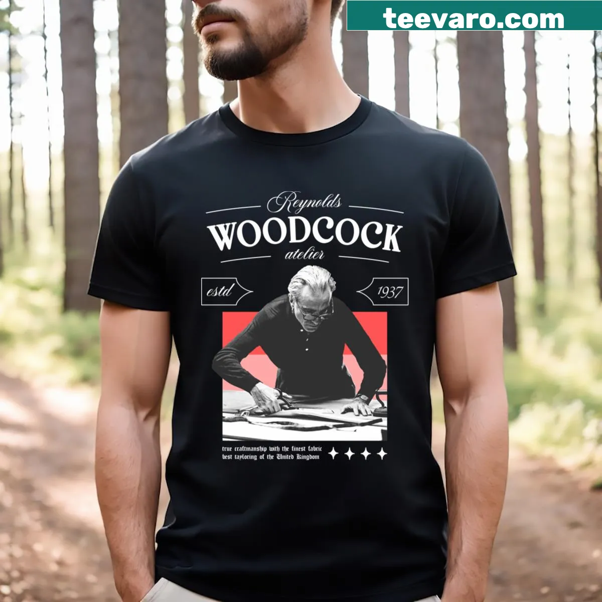 Minimalist Reynolds Woodcock Atelier T-shirt with elegant typography — on a men's t-shirt