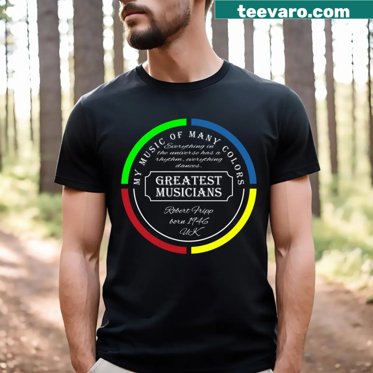 Robert Fripp T-shirt featuring year 1946 and music theme — on a men's t-shirt