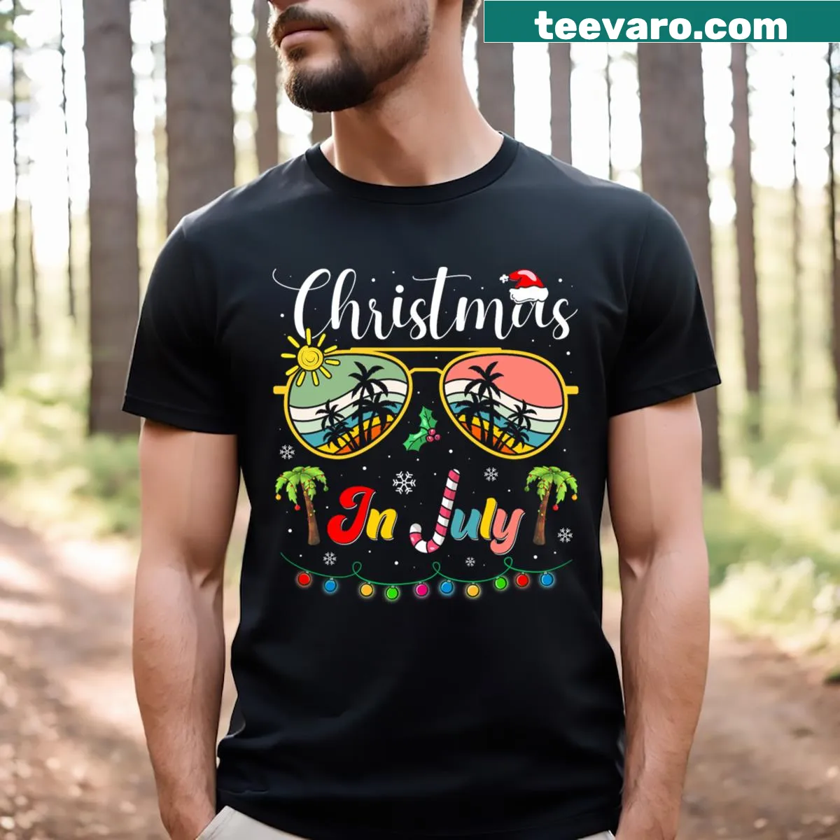 Santa in sunglasses on a beach, playful cartoon design for Christmas in July — on a men's t-shirt