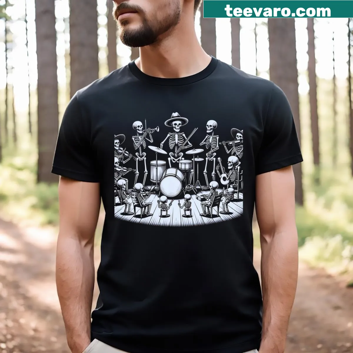 Skeleton playing in a band T-shirt with fun graphic — on a men's t-shirt