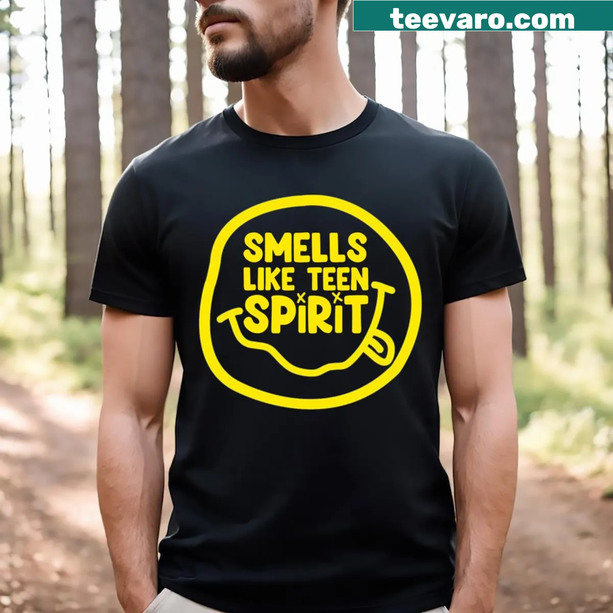T-shirt featuring the phrase Smells Like Teen Spirit in bold text — on a men's t-shirt