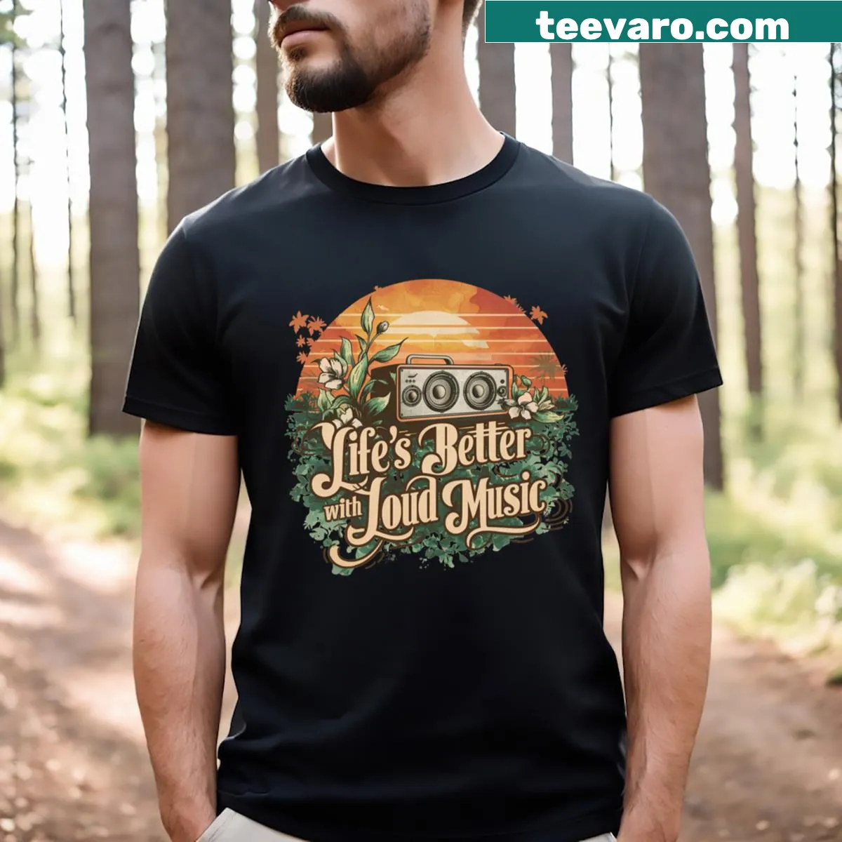 Watercolor sunset and speaker system design on a t-shirt — on a men's t-shirt