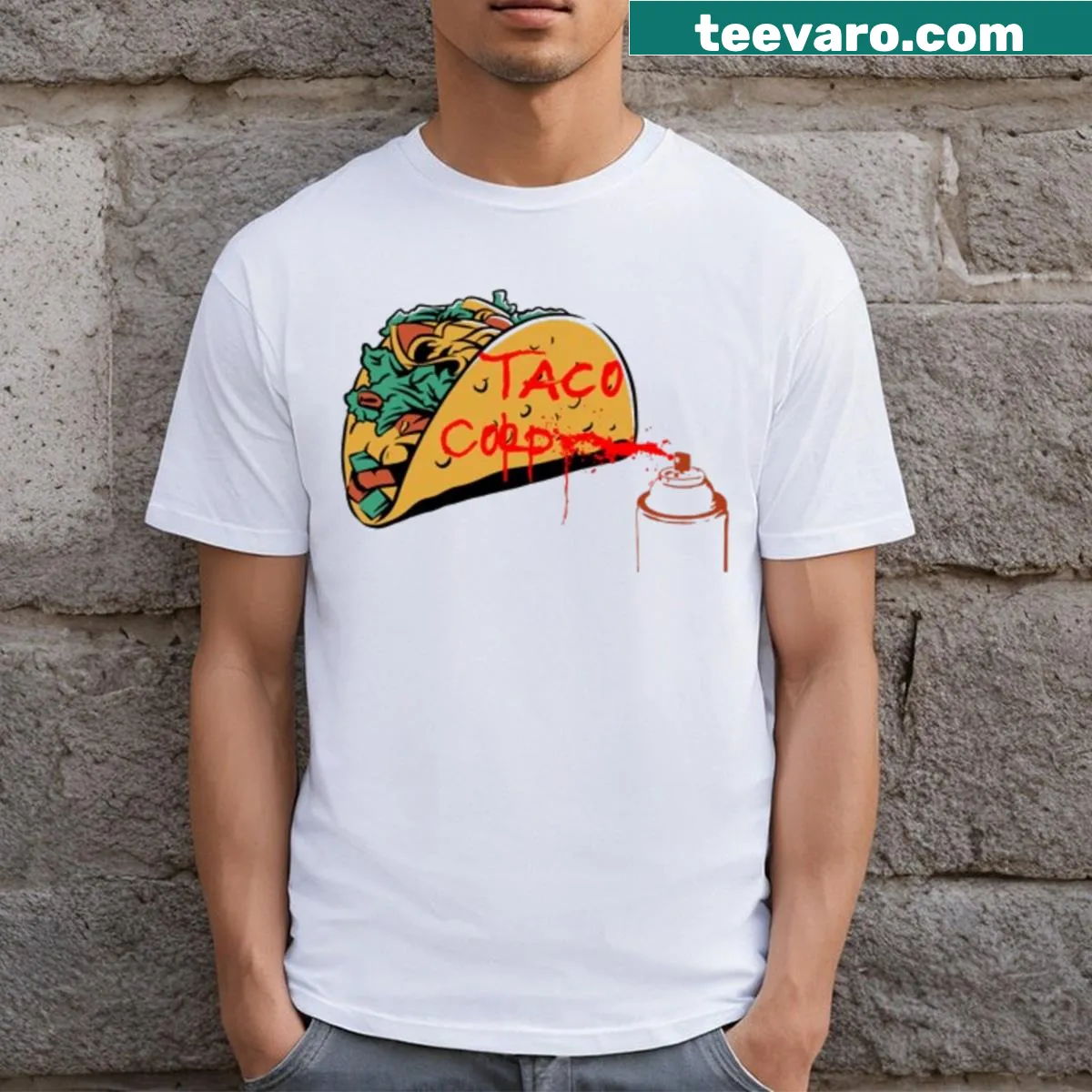 Graffiti-style T-shirt celebrating tacos with playful graphics — on a men's t-shirt
