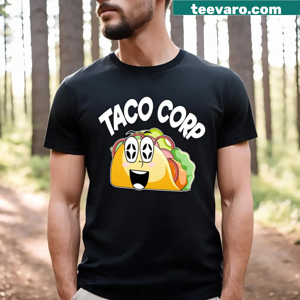 Playful T-shirt celebrating tacos with a cheerful graphic — on a men's t-shirt